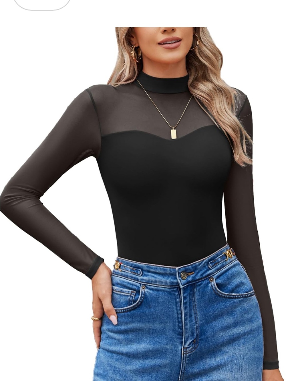 Black Sheer Mesh Long-Sleeve Bodysuit - Picture 2 of 2